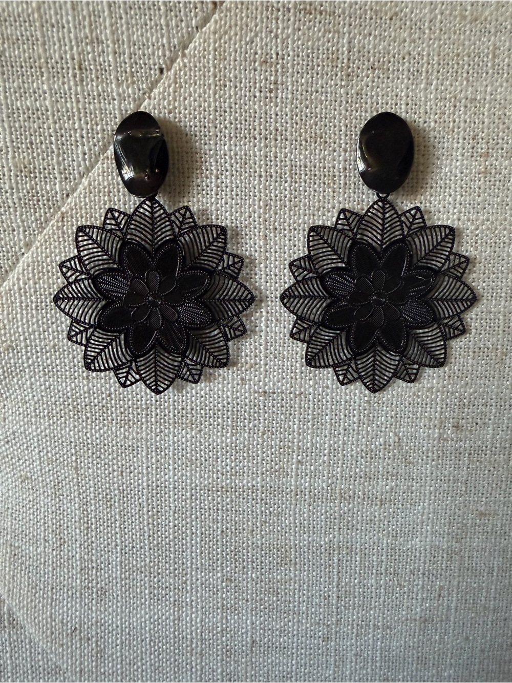 Black Floral Filigree Drop Earrings